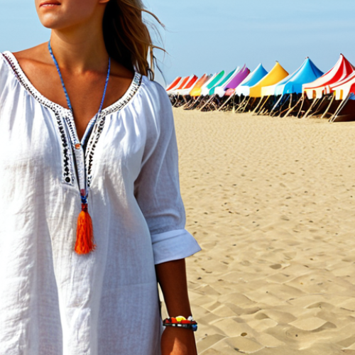Home 17 **Image Prompt:** A woman in a white linen tunic, paired with colorful bracelets, stands on a sandy beach in Zandvoort. In the background, there's a glimpse of beach tents and the North Sea. The overall feel is fashionable yet relaxed.
