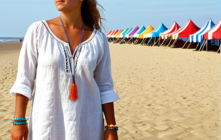 **Image Prompt:** A woman in a white linen tunic, paired with colorful bracelets, stands on a sandy beach in Zandvoort. In the background, there's a glimpse of beach tents and the North Sea. The overall feel is fashionable yet relaxed.